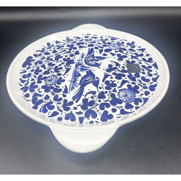 Nova Deruta Italian BLUE BIRD 12" Round Handled Cake Plate/ Serving Platter NEW - Picture 6 of 9